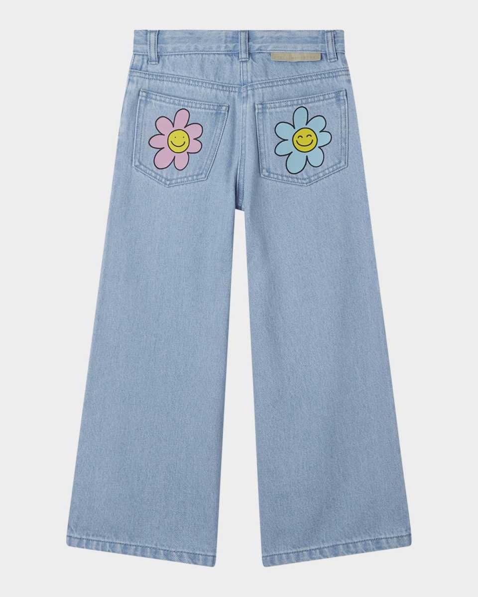 Girl's Flowers Print Wide-Leg Denim Pants, Size 4-8